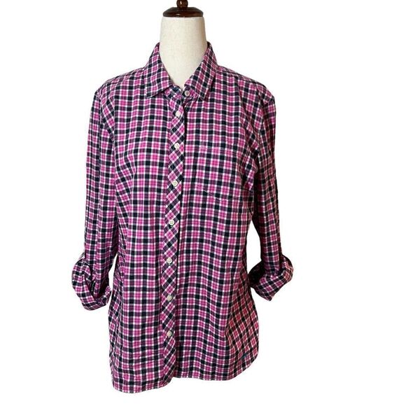 Talbots Pink + Navy Plaid Cotton Long Sleeve  Button Front Blouse Medium - Picture 1 of 8